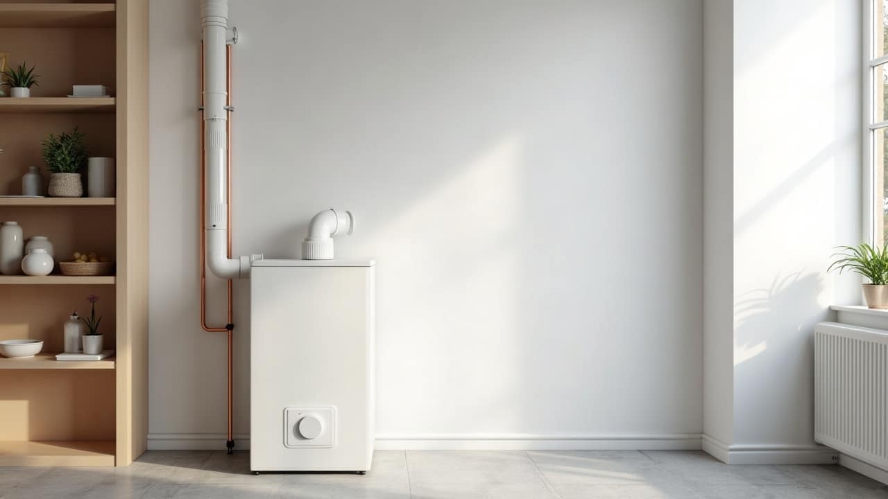 Chaufferie de maison propre et bien rangée, chaudière au fioul au sol récente, filtre à fioul à bol transparent sur la ligne en cuivre, lumière naturelle