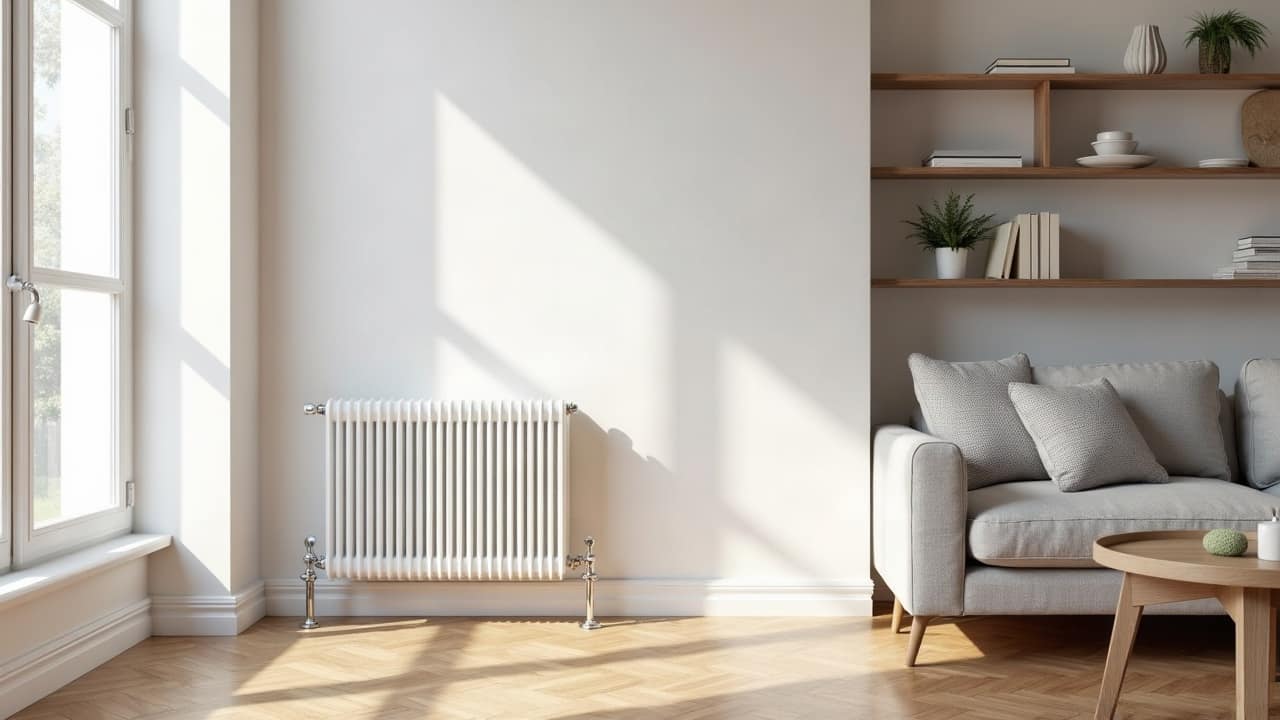 Salon contemporain en fin d'après-midi d'hiver, plaid posé sur un canapé clair, radiateur blanc sous une grande fenêtre donnant sur des toits rémois