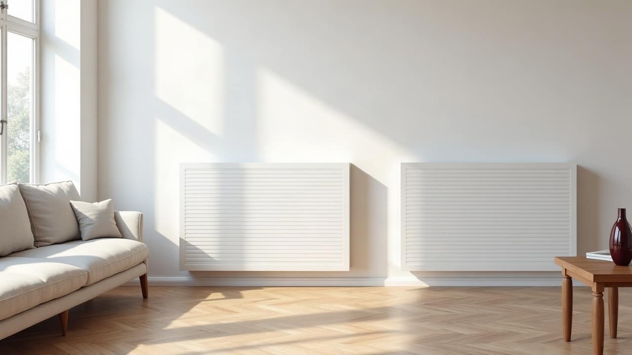 Deux radiateurs blancs à lamelles dans un salon lumineux au parquet en chevrons
