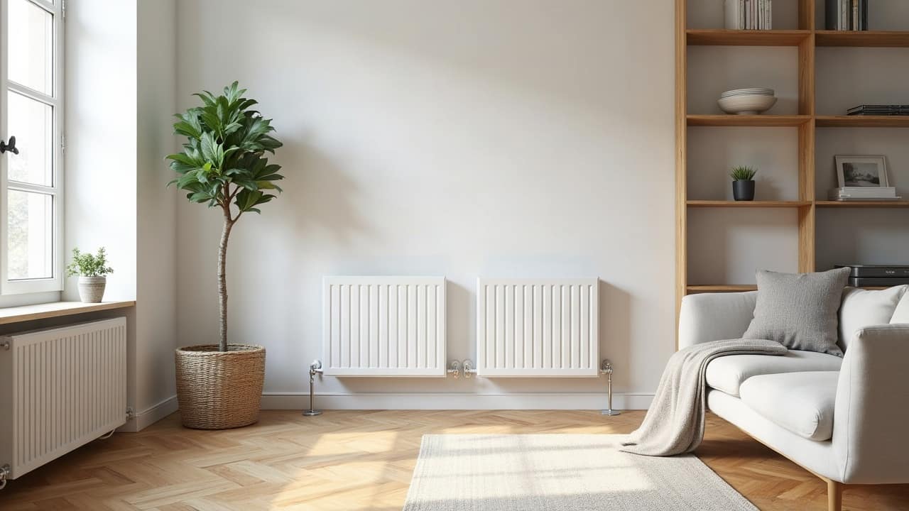 Pompe de désembouage professionnelle raccordée par flexibles à un radiateur blanc récent dans un séjour moderne protégé par une bâche propre