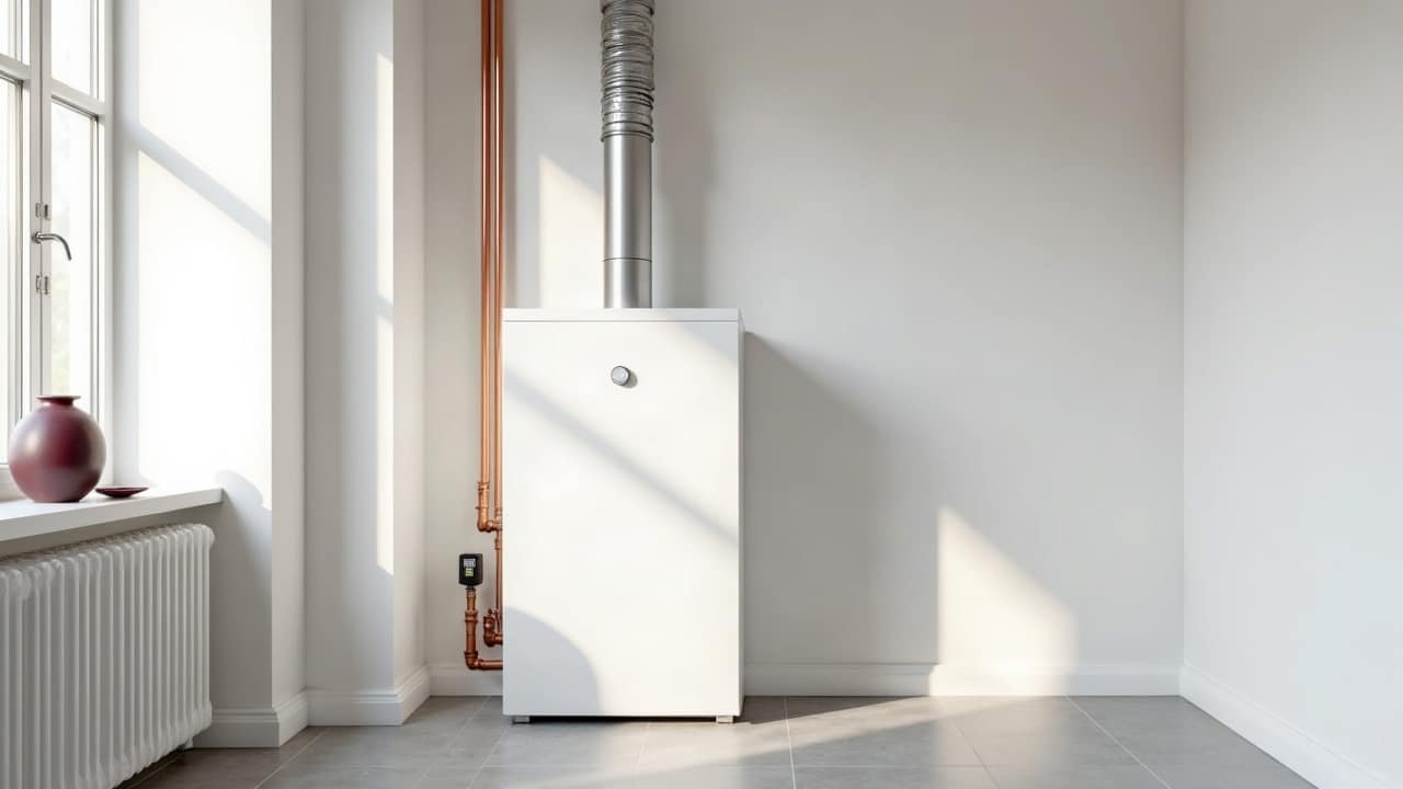 Brûleur de chaudière au fioul déposé sur un établi propre, gicleur neuf dans son emballage à côté, chaufferie de maison moderne et lumineuse