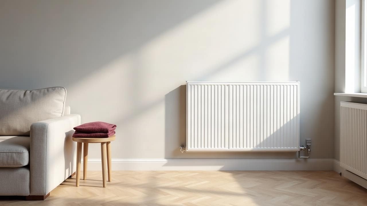 Technicien tenant d'une seule main une caméra thermique pointée vers le bas d'un mur blanc près d'un radiateur récent, intérieur contemporain soigné