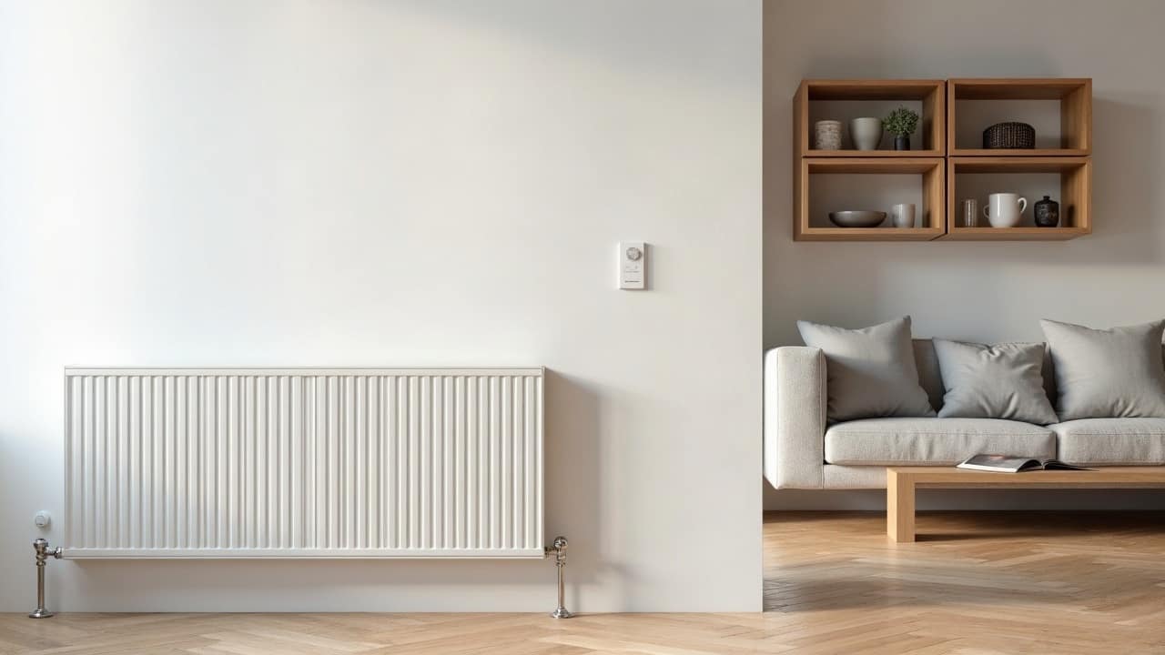 Gros plan net sur une vanne thermostatique chromée récente au pied d'un radiateur blanc, sol en parquet clair, papier absorbant plié posé dessous