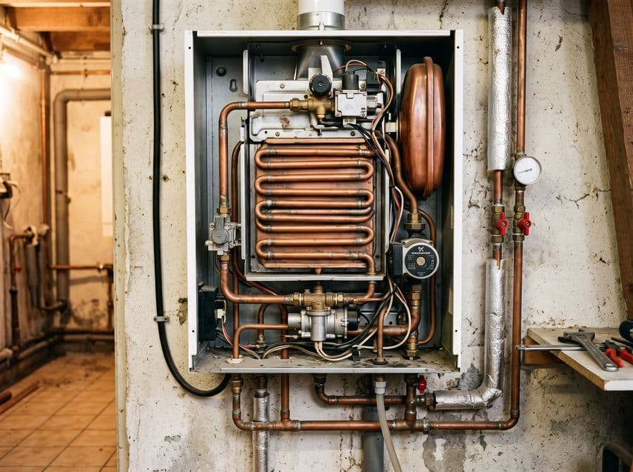 Chaudière murale à gaz ouverte, écran de contrôle allumé
