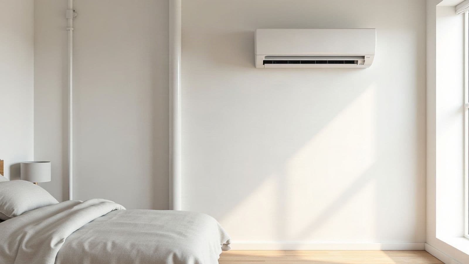 Unité intérieure de climatisation murale blanche au-dessus d'un lit dans une chambre claire, conduit blanc le long du mur