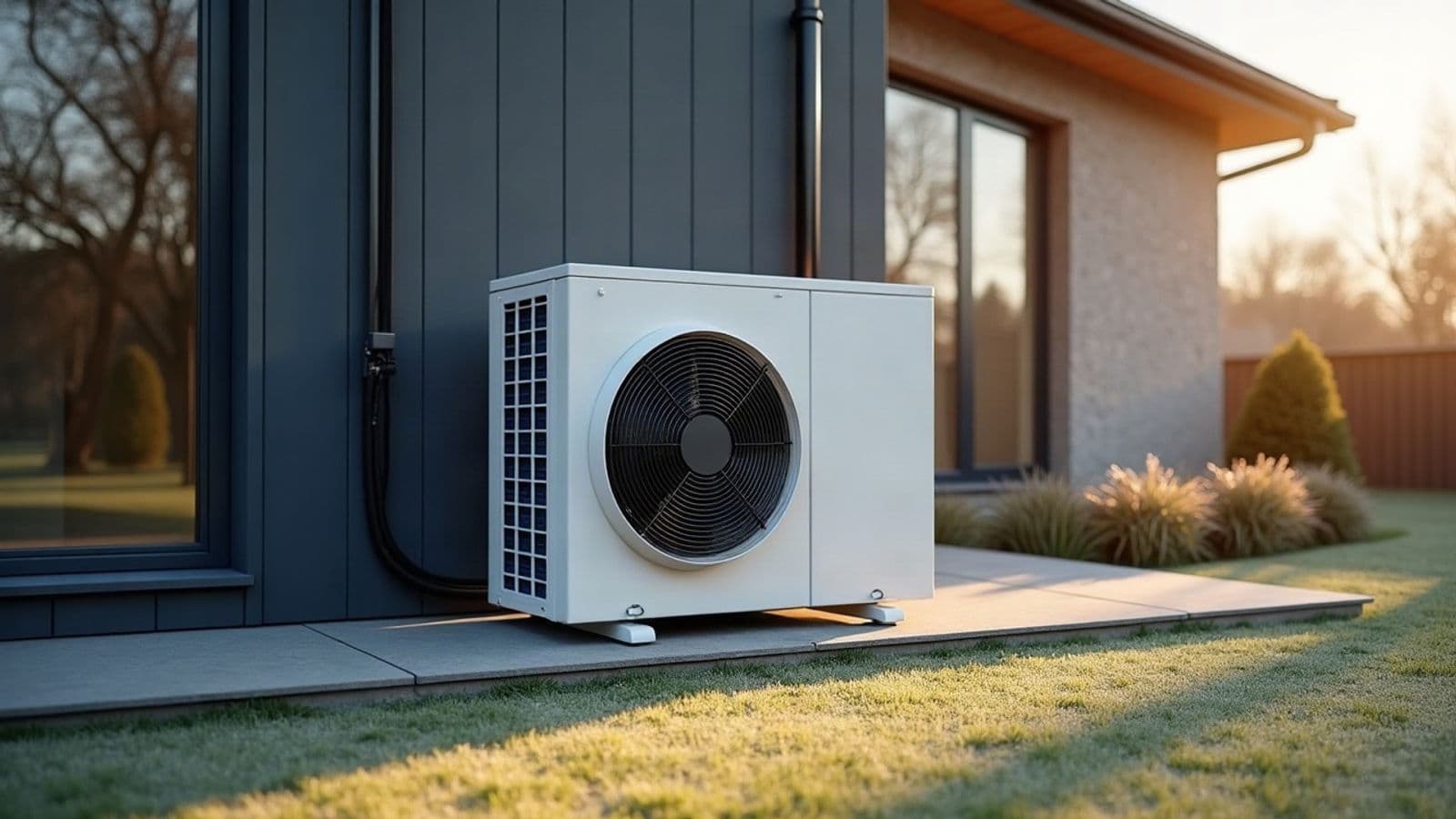 Unité extérieure de pompe à chaleur avec son ventilateur, posée sur une dalle contre une maison récente, pelouse givrée