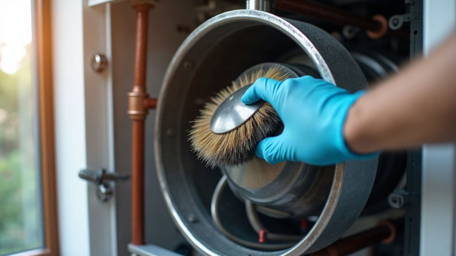 Main gantée qui brosse l'intérieur d'une chaudière ouverte pendant son entretien, tuyauterie cuivre à côté