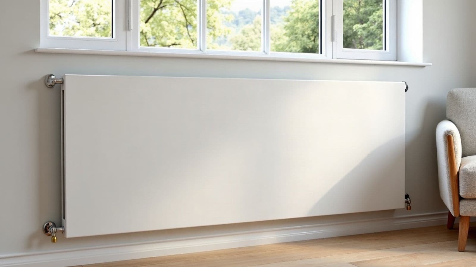 Radiateur à panneau blanc sous une grande fenêtre dans un salon clair, vannes chromées et parquet en chêne
