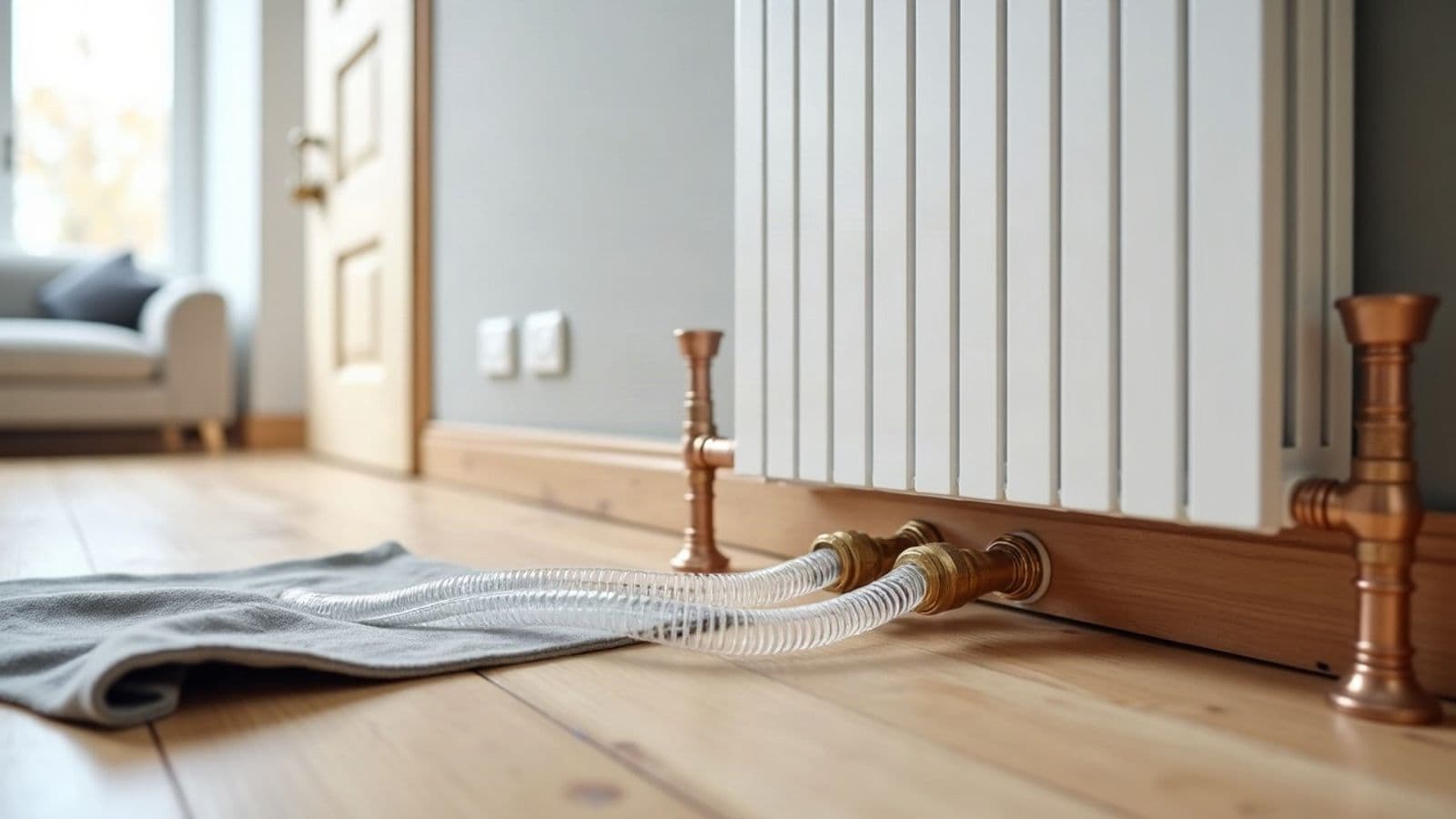 Deux tuyaux souples transparents raccordés aux vannes d'un radiateur blanc, drap de protection gris sur le parquet
