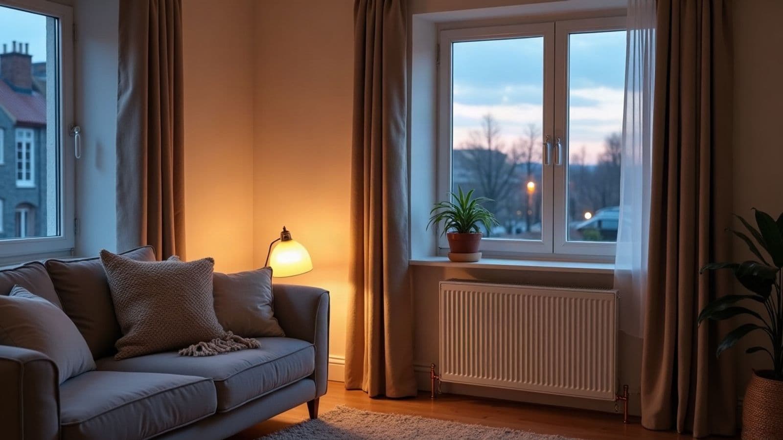 Salon au crépuscule, rideaux épais, lampe allumée et radiateur blanc sous la fenêtre