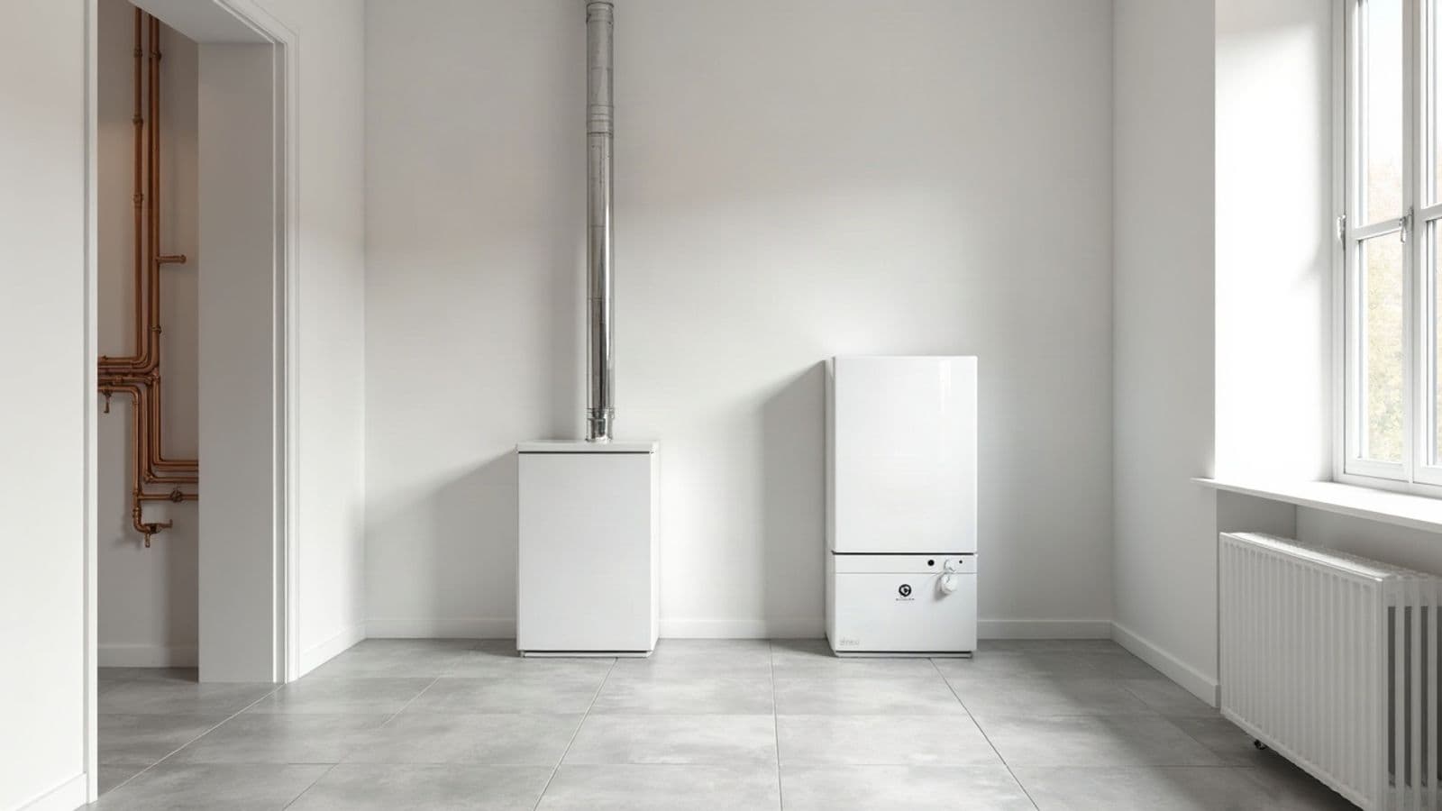 Chaufferie claire au carrelage gris, chaudière au sol avec son conduit de fumée et tuyauterie en cuivre