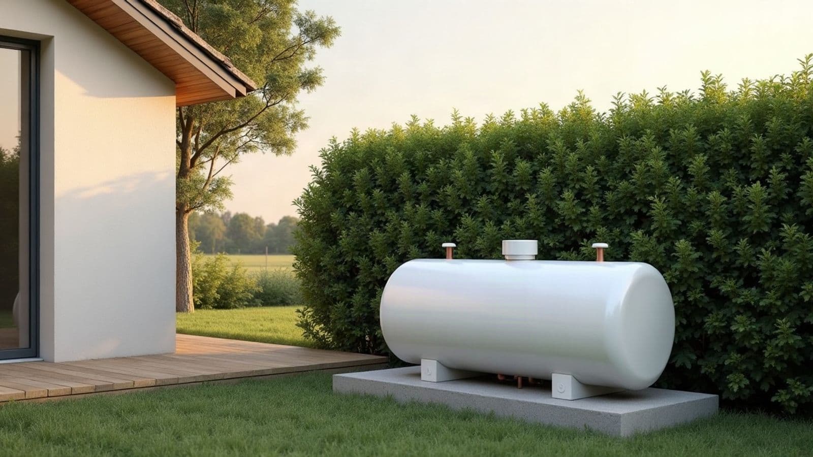 Citerne de gaz blanche posée sur une dalle dans le jardin d'une maison récente, haie taillée
