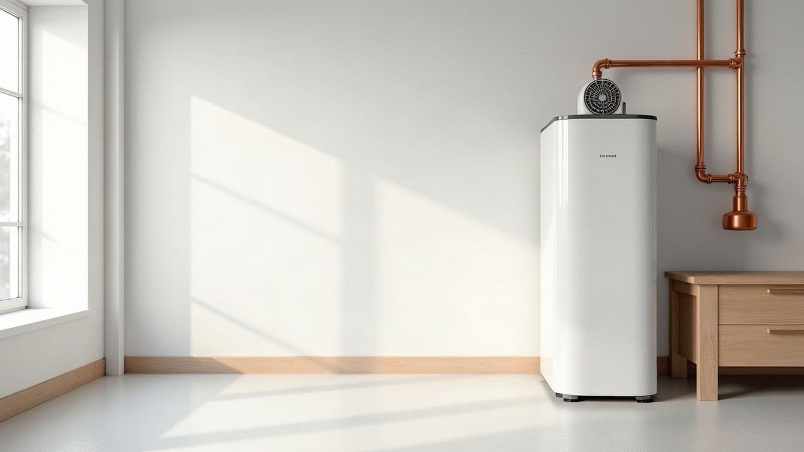 Chauffe-eau thermodynamique blanc avec ventilateur sur le dessus dans un garage clair, tuyaux en cuivre