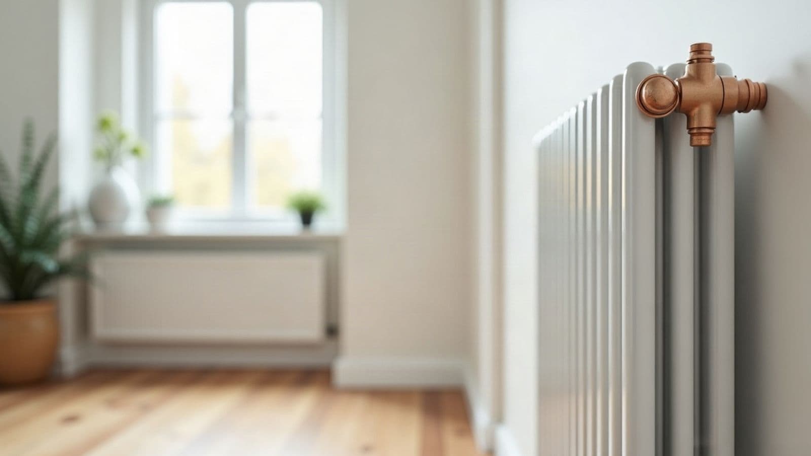 Radiateur à colonnes blanc dans un salon lumineux, robinet en cuivre au premier plan