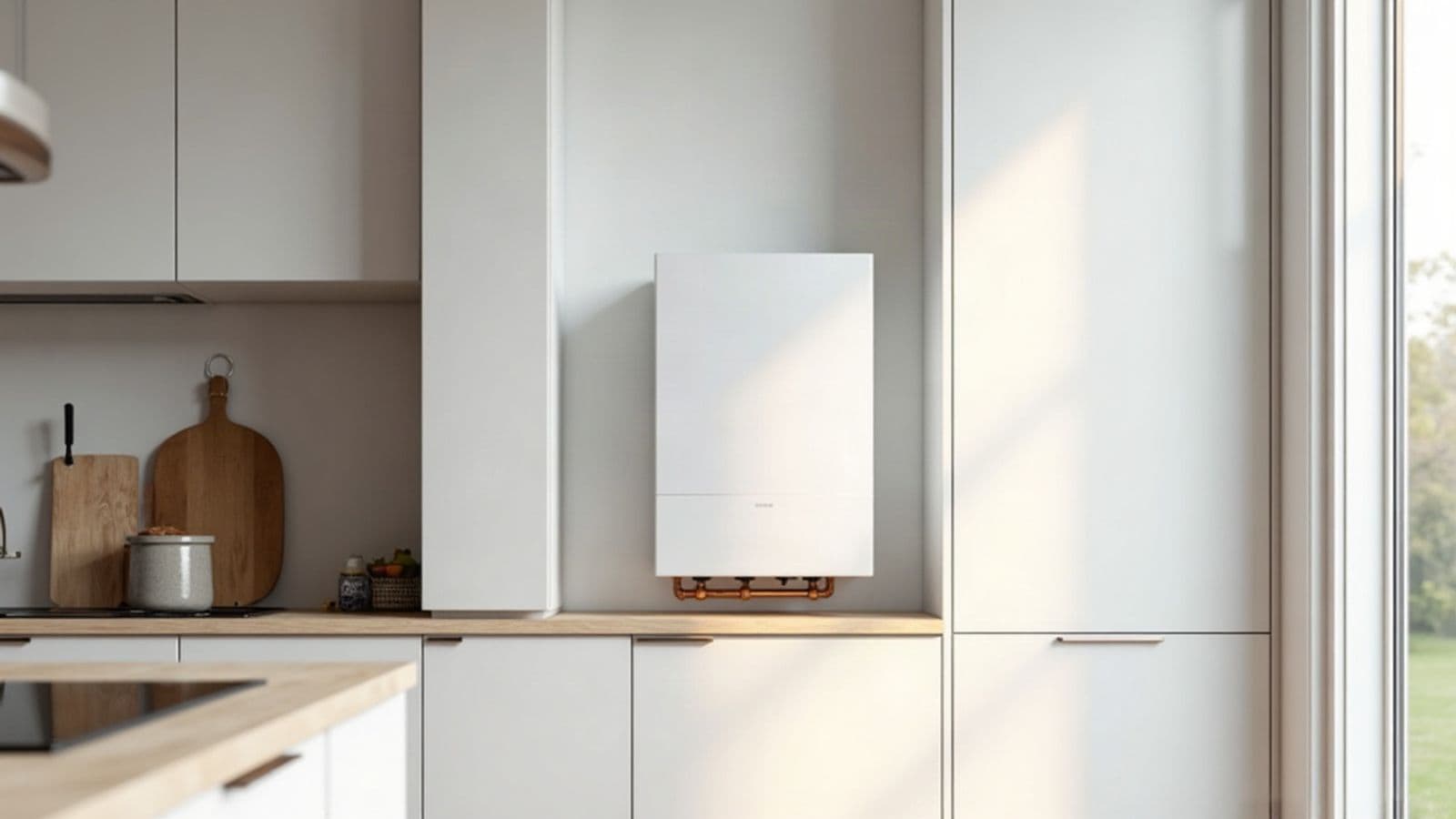 Chaudière murale blanche logée entre deux colonnes d'une cuisine contemporaine blanche, plan de travail en bois clair