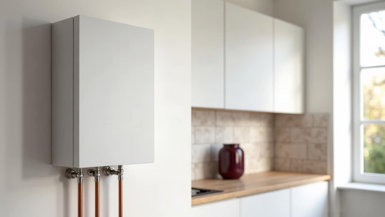 Chaudière murale blanche dans la cuisine d'un appartement rénové, trois raccords en cuivre sous l'appareil