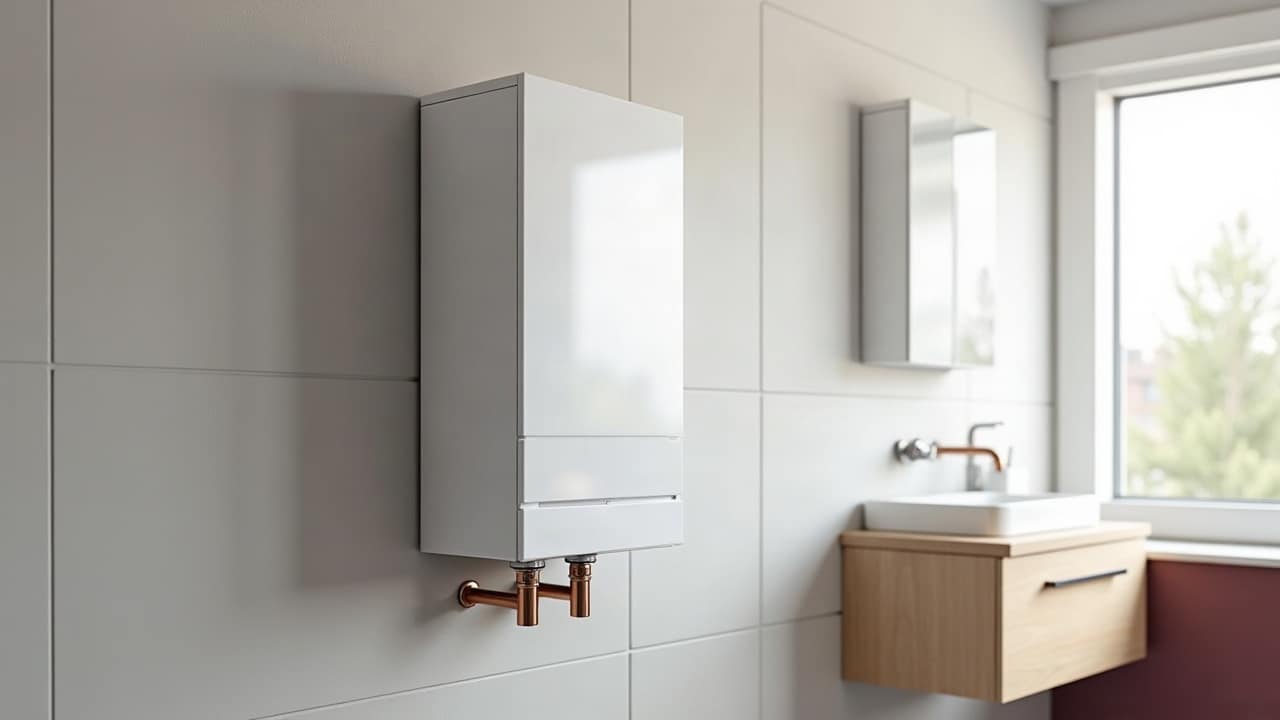Chaudière murale à condensation blanche dans une salle de bain carrelée, près d'un meuble vasque en bois clair