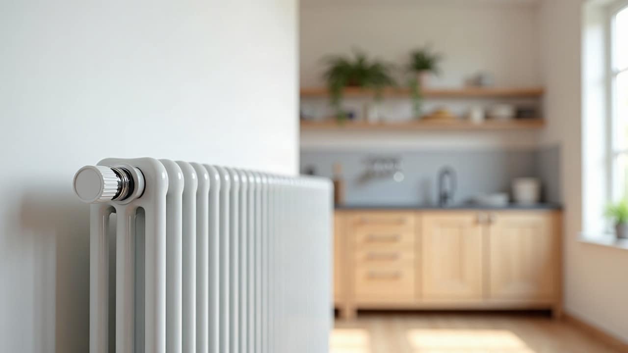 Radiateur blanc à colonnes et sa tête thermostatique, dans une cuisine lumineuse