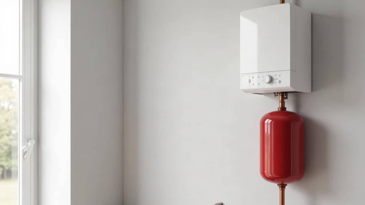 Vase d'expansion rouge raccordé en cuivre sous une chaudière murale blanche