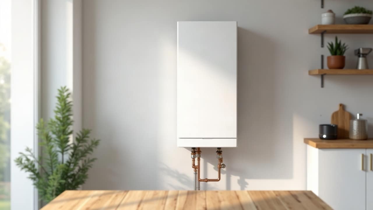 Chaudière murale blanche dans une cuisine lumineuse, vue depuis une table en bois