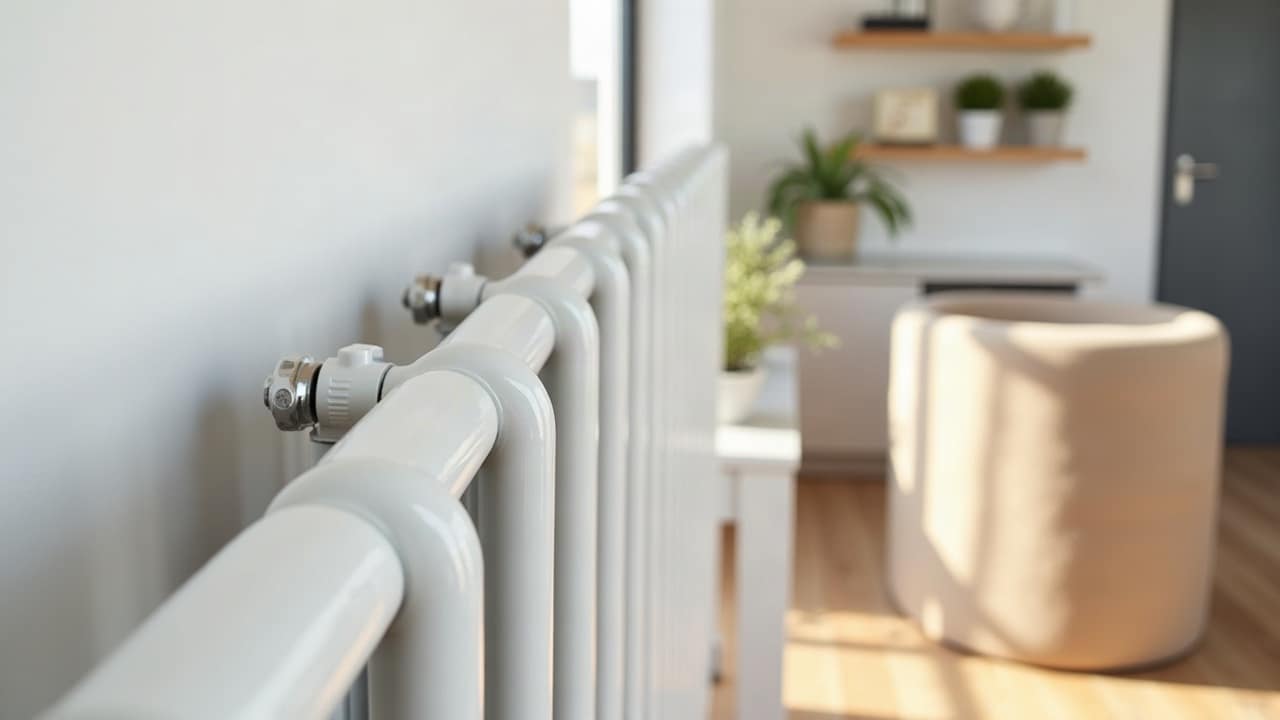 Radiateur blanc à colonnes et ses robinets chromés dans un séjour lumineux