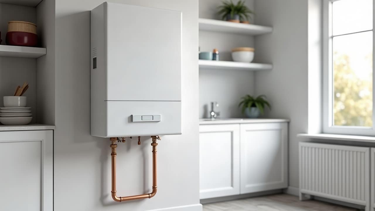 Chaudière murale blanche dans une cuisine rénovée, boucle de cuivre sous l'appareil, radiateur sous la fenêtre