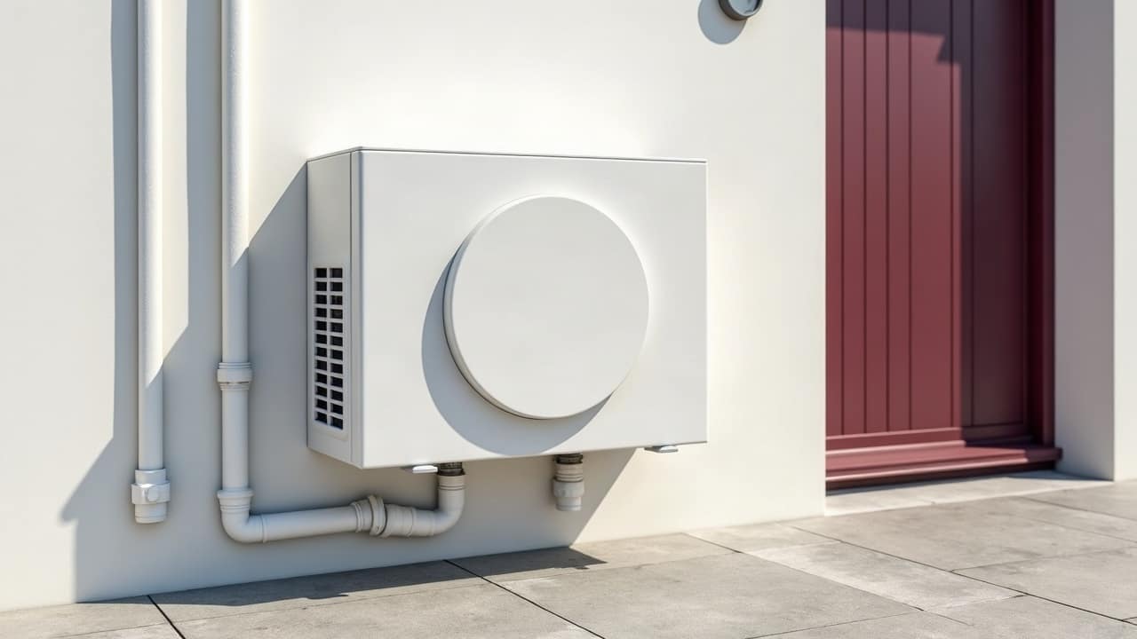 Unité extérieure de pompe à chaleur blanche fixée sur une façade claire, près d'une porte bordeaux