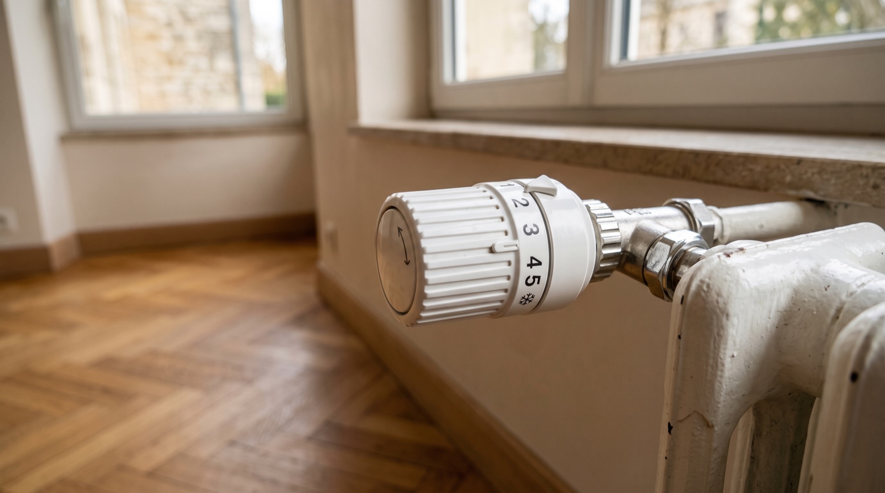 Tête thermostatique graduée sur un radiateur, molette à vérifier avant d'appeler