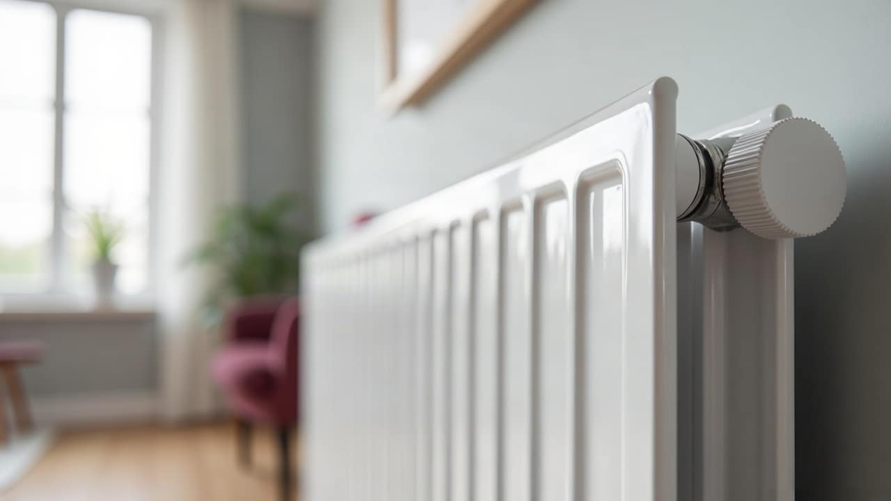 Tête thermostatique blanche sur un radiateur blanc, fauteuil bordeaux flou à l'arrière-plan